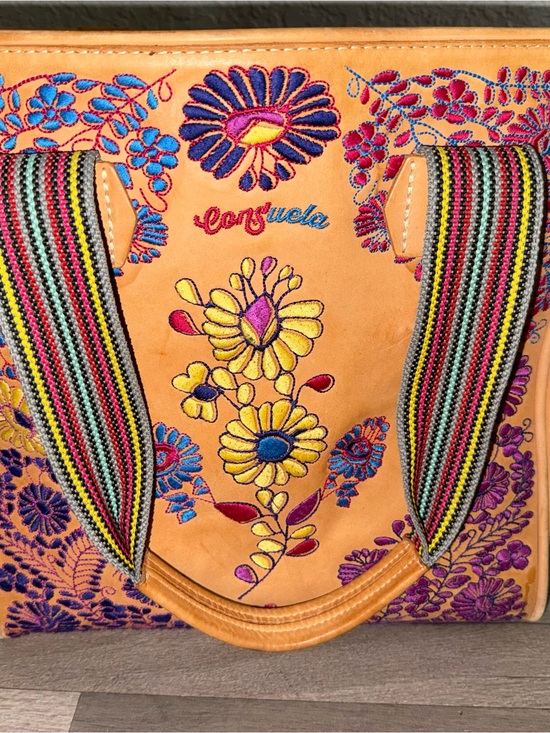 Consuela Handbags - Consuela Tan Floral Embroidered Tote with Multicolor Straps